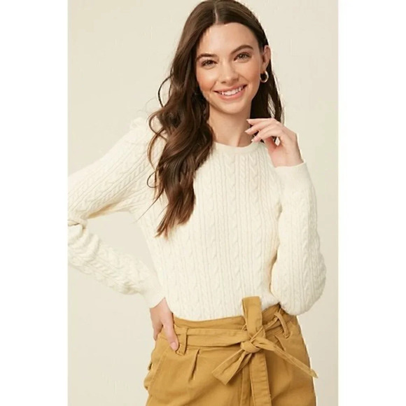 Cable Knit Crew Neck Sweater - Cream - Picture 1 of 7